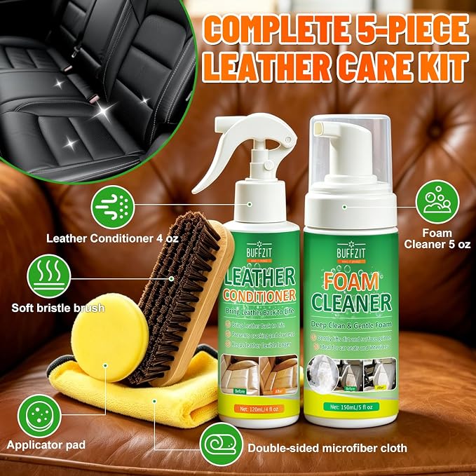 Leather Cleaner and Conditioner Kit, Foam Cleaner & Faux Leather Conditioner, Leather Car Cleaner Set with Brush for Car Interior Cleaner, Furniture, Leather Couch, Shoes & Boots, 5 Piece