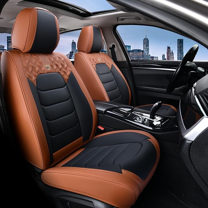 FLORICH Car Seat Covers, Leather Seat Covers, Front Seat Covers 2PCS,Waterproof Car Seat Protector, Auto Driver Seat Covers Accessories Fit for Most SUV Trucks(Brown&Black, Front Pair)