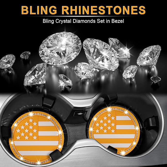 JUSTTOP Bling Car Cup Holder Coaster,4PCS American Flag Cup Holder Insert,Universal Non-Slip Cup Holders,Car Accessories Interior for Women and Man(Orange)