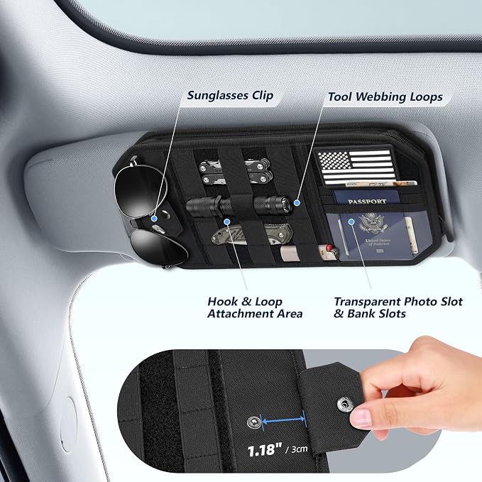 Dadanism Car Sun Visor Organizer, Molle Car Storage Organizer with Zipper Pouch, Glasses Clip, Adjustable Strap, Semi-Rigid Molle Panel Universal Fit for Most Cars, SUVs, Trucks, Jeeps, Black