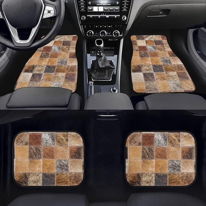 Faux Cowhide Patchwork Print Car Floor Mats Set of 4 Retro Cow Fur Pattern Universal Vehicle Floor Carpet Decorative Auto Front Rear Foot Rugs for Trucks SUV Sedan