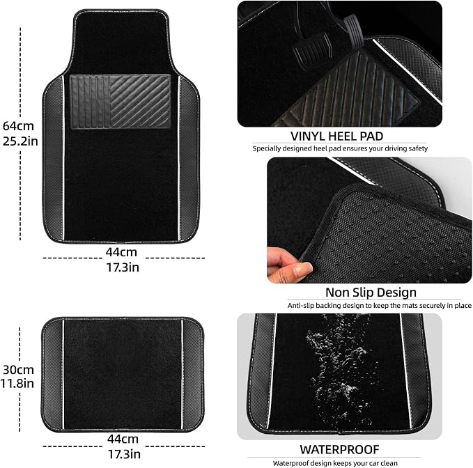 NBTEPEM Waterproof Universal Fit Car Floor Mats, Faux Leather Sporty Car Carpet Mats with Anti-Slip Nibbs Backing & Driver Heel Pad Fit for SUV, Vans, Sedans, Trucks, Set of 4 (Black with White line)