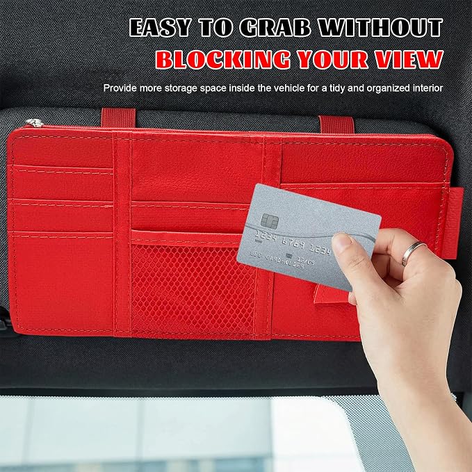 Car Sun Visor Organizer, Multifunctional Auto Visor Storage Bag with Net Pocket & Eyeglass Clamp, Waterproof Multi-Pocket Storage Pouch Ticket Organizer for Car Sun Visors (Red)