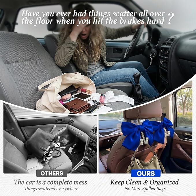 2PCS Satin Bow Pearl Car Seat Headrest Hooks – Car Bag Holder & Vehicle Hanger for Purses – Cute Coquette Aesthetic Interior Decoration – Cute Auto Organizer Accessories Universal (Deep Blue)
