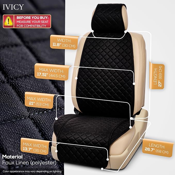 IVICY Faux Linen Front Car Seat Cover – Non-Slip Bucket Seat Protector for Most Cars, SUVs, Vans & Trucks – 1 Seat Cover, Machine Washable, Side-Airbag Friendly, Black