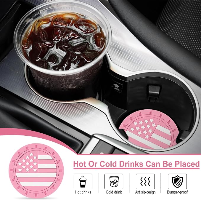 JUSTTOP Car Cup Holder Coaster,American Flag Non-Slip Insert Car Cup Coaster,Car Accessories Interior for Women and Man,4 Pack Pink