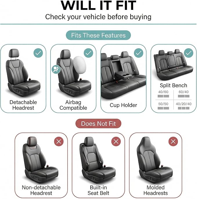 FH Group Car Seat Covers Full Set Cloth, Universal Fit combo, Automotive Covers, Low Back Front Airbag Compatible,Split Bench Rear Seat,Washable Cover for SUV,Sedan,Van Red