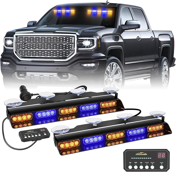 XRIDONSEN 2x 17 inch Dash Strobe Lights for Trucks, 40 LED Emergency Lights | Amber Blue Safety Warning Hazard Interior Front/Rear Windshield Light Bar w/ Controller for Construction Vehicles Plow Truck