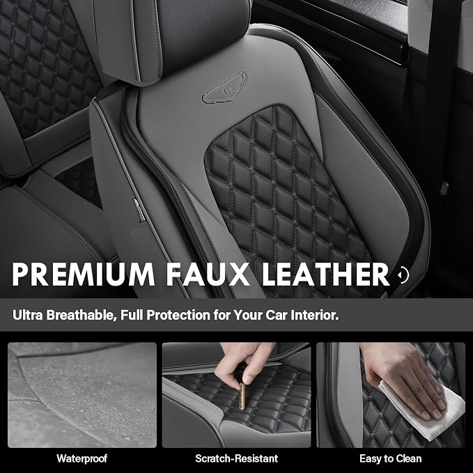 Coverado Car Seat Covers Front Seats, Minimalist Scratch-Resistant Waterproof Faux Leather Full Set with Rear Protectors, Business Daily Driving – GrayBlack