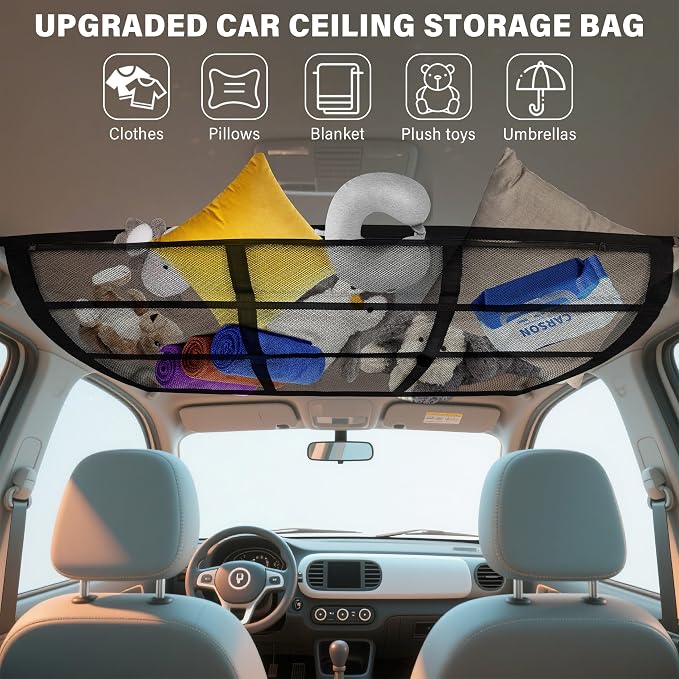 Car Ceiling Cargo Net, 35.5"x25.6", Double Layer Car Roof Storage Organizer, Truck Netting, SUV Van Interior Accessories, Cars Camping Essentials