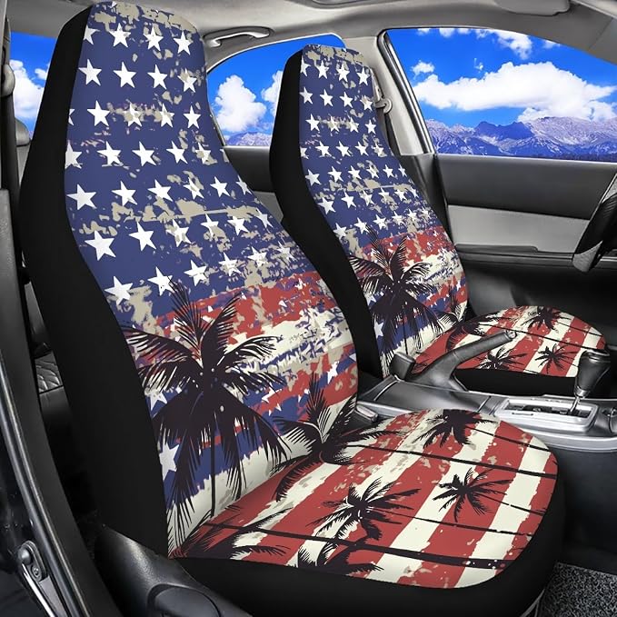 Palm Trees Front Car Seat Cover US Flag Auto Interior Accessories 2 Pcs Set Stretch Polyester Fabric Cover Patriotic All-Season Protection Suitable for Most Cars,SUV,Sedan