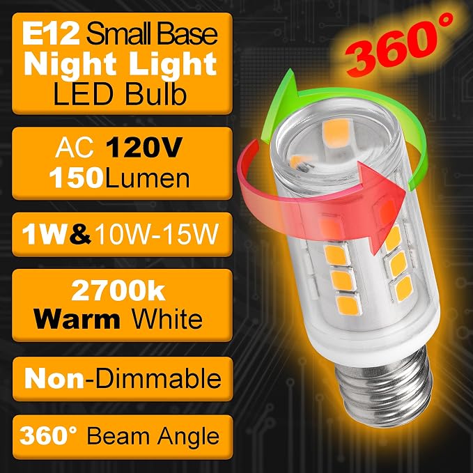 E12 Candelabra Base Night Light Bulb 1W Equivalent 10W 15W 2700K, 4 Pack | Warm White, AC120V, 150lm, C7 E12 Small Bulbs for Himalayan Salt Lamp Appliance Bulb Decorative String Lights, Non-dimmable