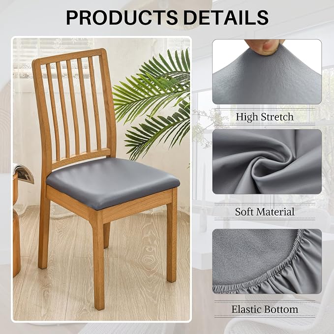 SearchI Waterproof PU Leather Seat Covers for Dining Chairs, 4 Pack Stretch Dining Room Chair Seat Covers, Kitchen Chair Seat Covers Protectors (Grayish)
