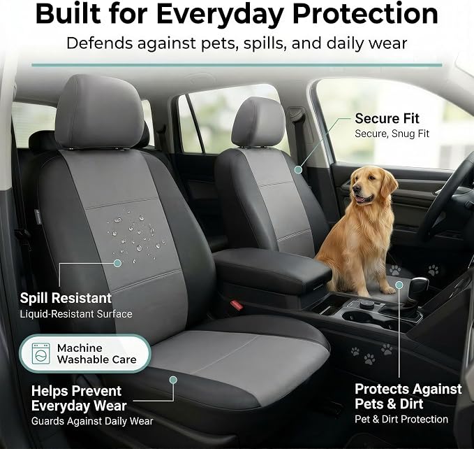 FH Group Car Seat Covers PU Leather Seat Covers Front Pair Set for Interior, Easy to Install Black Automotive Seat Covers – Universal Fit Interior Accessories for Cars Trucks and SUVs PU001102