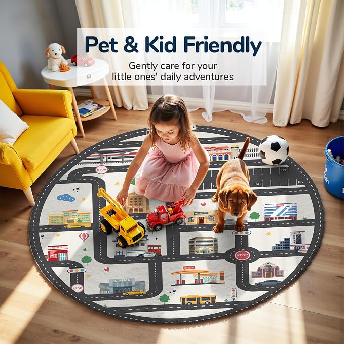 3.3ft Round Kids City Road Car Play Rug - Non-Slip Faux Wool Carpet with Interactive City Map Design, Educational Toy Vehicle Mat for Kids, Bedroom Playroom Nursery Gift.