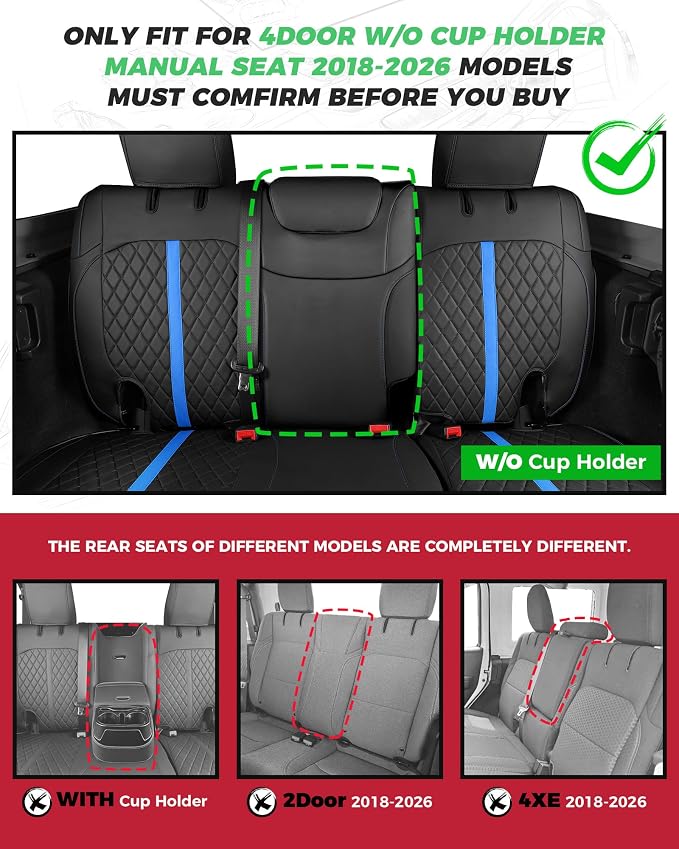 for Jeep Wrangler Seat Covers 4Door JL 2018 2019 2020 2021 2022 2023 2024 2025 2026, Custom Car Seat Cover Full Set, Luxury Waterproof Leather Protectors, Black Blue Trim, W/O Rear Cup Holder