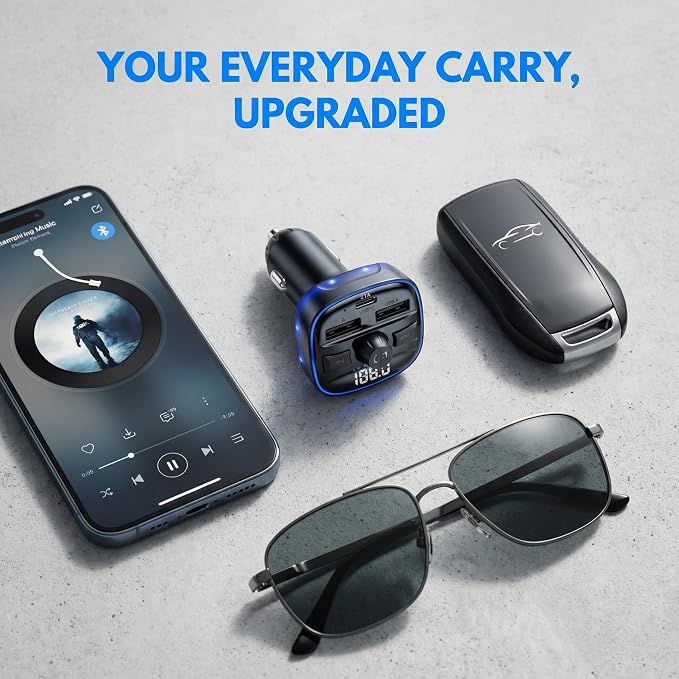 Bluetooth 5.3 Car Adapter Charger, Wireless FM Bluetooth Transmitter | Fast Charge Wireless Radio FM Transmitter with Deep Bass Player, LED Backlit, Hands-Free Calling,Support MP3 Player USB Drive