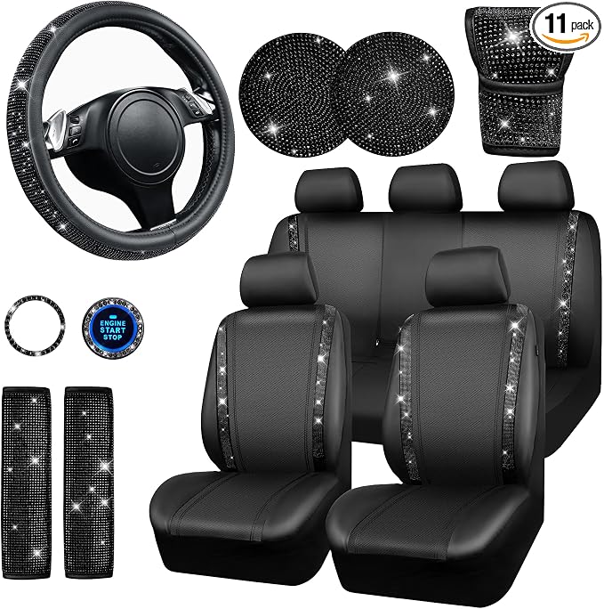 CAR PASS Leather Bling Seat Covers Full Sets 16 pcs, Bling Diamond Car Accessories Set for Women, Sparkly Rhinestone Steering Wheel Cover, Glitter Cute Car Interior Sets for Women Girl, Black Diamond