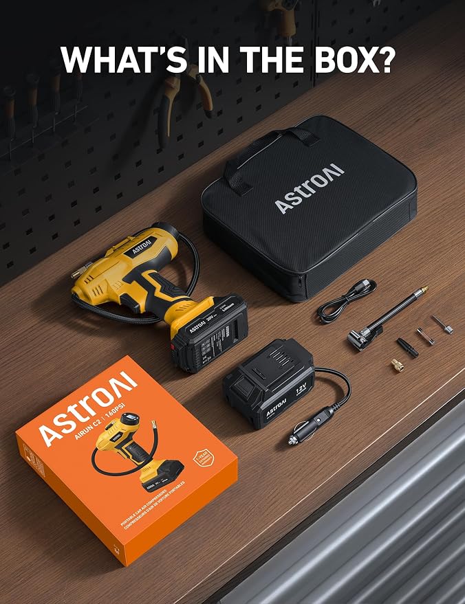 AstroAI Cordless Tire Inflator Portable Air Compressor Fast Inflation 160 PSI Air Pump 20V Rechargeable Battery Powered with 12V DC Adapter Digital Pressure Gauge for Cars Motorcycles Bikes Yellow