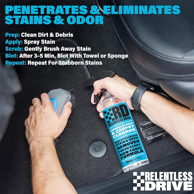 Relentless Drive Car Carpet Cleaner & Car Upholstery Cleaner | Car seat cleaner for fabric interiors, floor mats, auto upholstery with Heavy duty brush, 16oz. Works as couch & sofa cleaner