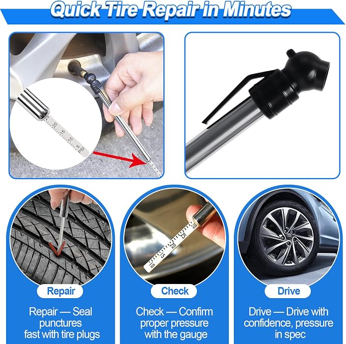 Tire Plug Kit, 160 PCS Tubeless Tire Repair Kit with Metal T-Handle Tools, Repair Strips, Screw-in Repair Plugs, Valve Stem Service Accessories, Pressure Gauge, Gloves & Hard Case