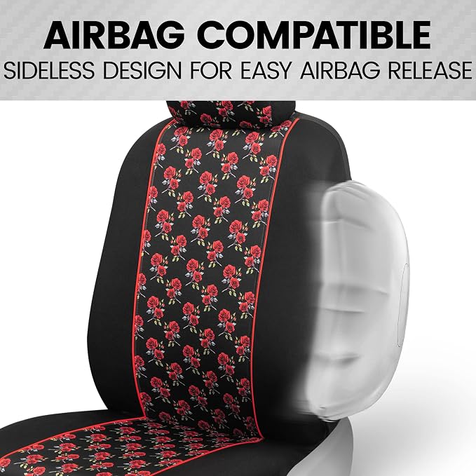 BDK Red Rose Car Seat Covers for Front Seats, 2 Pack – Flower Pattern Front Seat Cover Set with Matching Headrest, Sideless Design for Easy Installation, Fits Most Car Truck Van and SUV