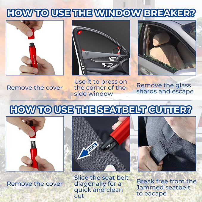 2 Pack Car Safety Hammer Car Window Breaker Seatbelt Cutter Emergency Escape Tool Car Glass Breaker for Land and Underwater Life-Saving Car Safety Kit Essentials Car Accessories (Red+Red)