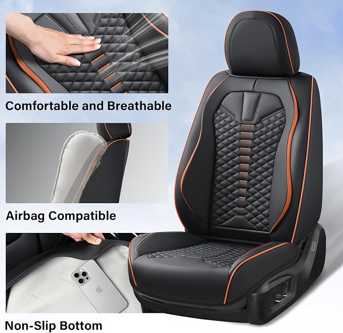 Coverado Leather Seat Covers, Car Seat Covers Full Set, Nappa Leather Seat Covers for Cars, Car Seat Protectors Waterproof, 5 Seats Black&Orange Automotive Seat Covers Fit for Most Cars Trucks
