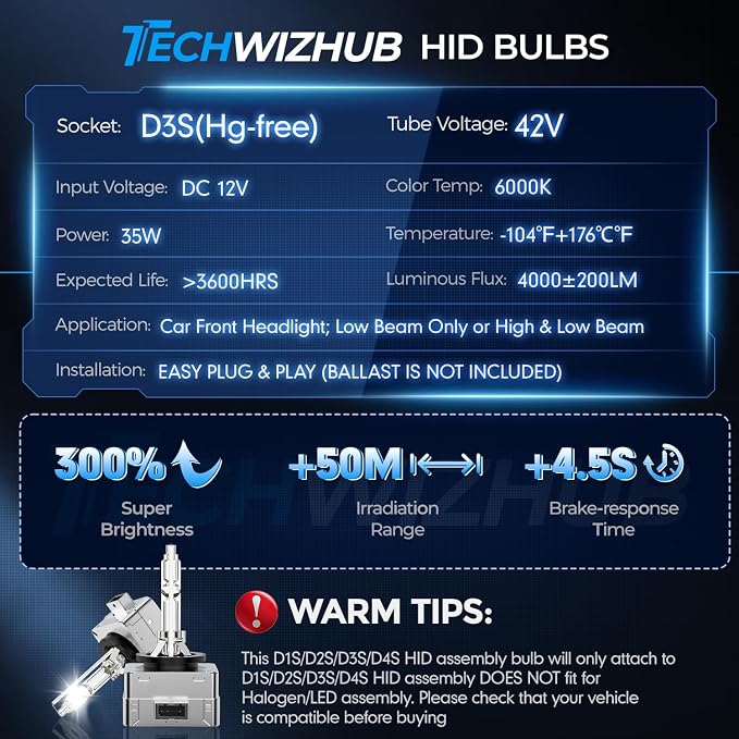 D3S HID Bulbs, 6000K Cool White 35W High/Low Beam, Replacement 66340 42403 42302 42302C1 Xenon Bulbs, Aluminum Stents Base, Pack of 2