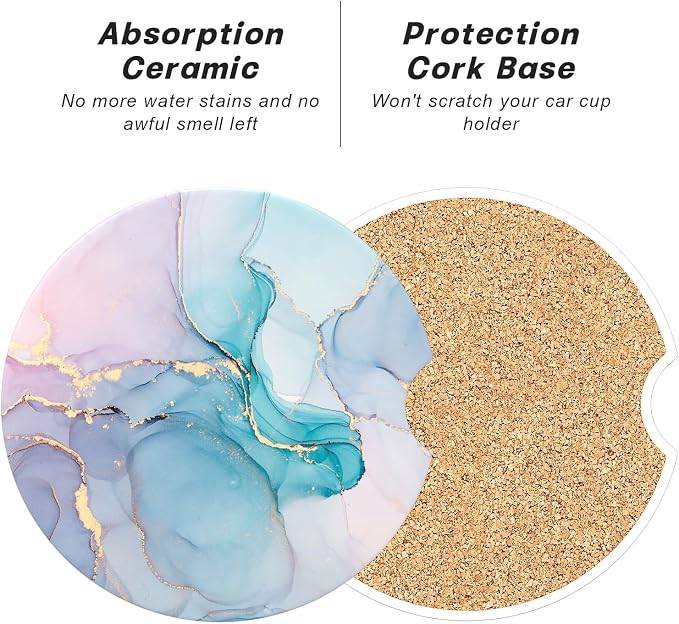 Aiawoxc Car Cup Holder Coasters, 2 Pack Universal Auto Anti Slip Insert Coaster with A Finger Notch, Cup Mat for Most Car Interior, Colorful Ink Marble