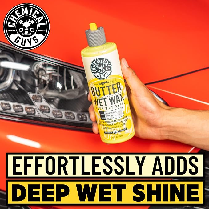 Chemical Guys, Butter Wet Wax, Deep Wet Shine Liquid Car Wax, Banana, 16 oz | Spreadable liquid wax adds a deep wet gloss on any paint color, wipes on and off easily, sweet banana scent