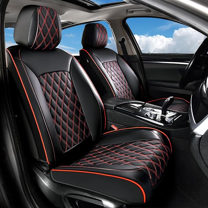 Huidasource Seat Covers, Car Seat Cover Nappa Leather Universal Fit for Most Cars, Vans, Trucks, SUVs, Compatible with Airbags, Child Seat, Car Seat Covers Velcro Adjustable (Full Set/Black&Red)