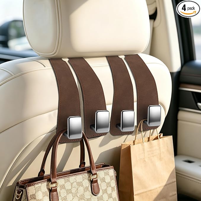 Amooca 4 Pack Car Headrest Hooks, Premium Suede with Metal Hook Car Seat Back Storage Hanger for Purses, Handbags，Grocery Bags - Brown