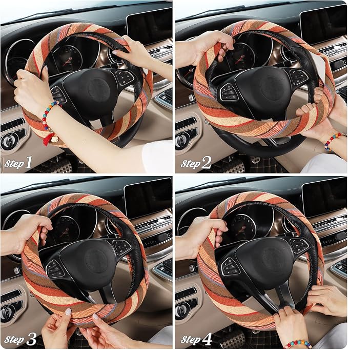 SEG Direct Boho Steering Wheel Cover, Baja Blanket Cloth, Coarse Flax | Bohemian Car Decor, Ethnic Style, Coarse Flax, Fabric Cover Fits 14 1/2-15 1/4 inches Standard Medium Size, for Women Men