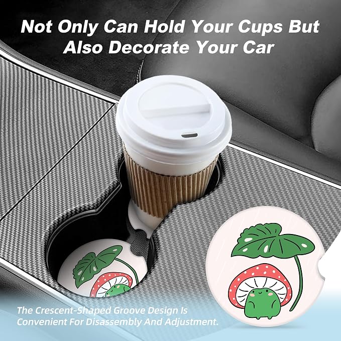 Cartoon Mushroom Frog Car Coasters for Cup Holders,2 Pack Car Cup Holder Coasters for Car,Ceramic Absorbent Car Coaster with A Finger Notch and Cork Base,Car Interior Accessories for Women Men