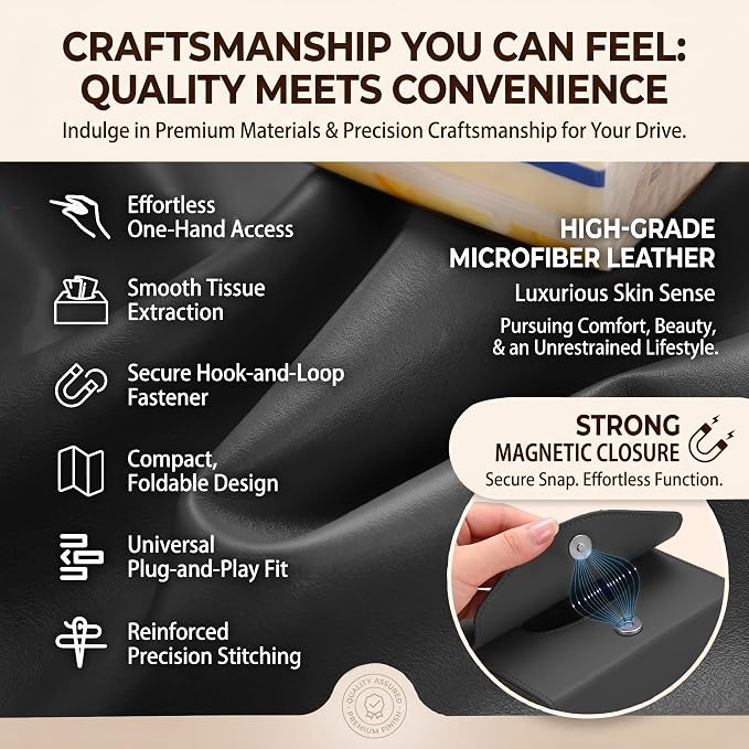 Magnetic Foldable Car Tissue Box - Easy-Install Tissue Holder for Sun Visors and Seat Backs,Premium Leather Car Napkin Organizer—Designed for Commuters,Rideshare Drivers and Families(Black)