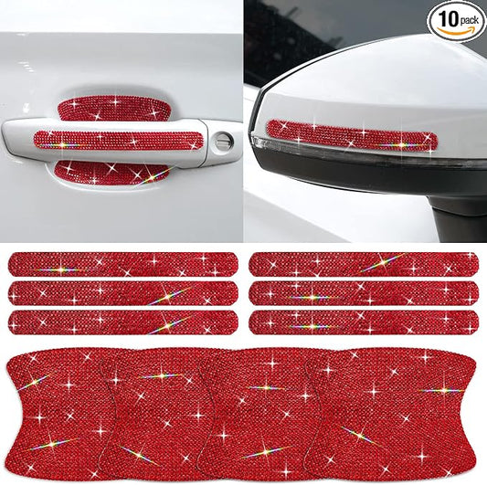 10PCS Car Door Handle Bling Rhinestones Stickers, Red | Universal Auto Door Handle Safety Reflective Strips, Cute Things for Car