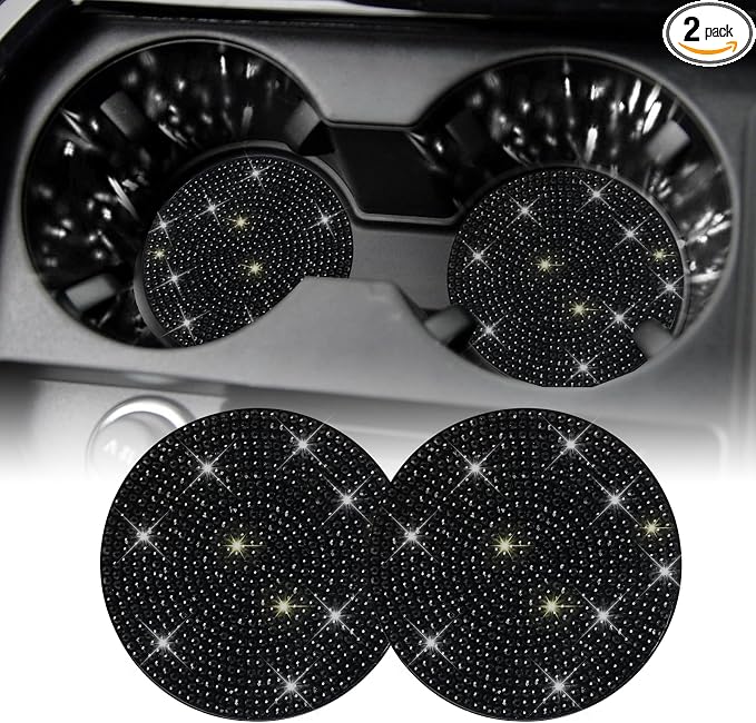 SINGARO Bling Cup Holder Coasters for Car, 2PCS Universal Non-Slip Cup Holder, Embedded Decorative Coasters, Shiny Crystal Car Interior Accessories Gifts for Women (Black)