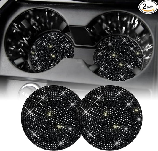 SINGARO Bling Cup Holder Coasters for Car, 2PCS Universal Non-Slip Cup Holder, Embedded Decorative Coasters, Shiny Crystal Car Interior Accessories Gifts for Women (Black)