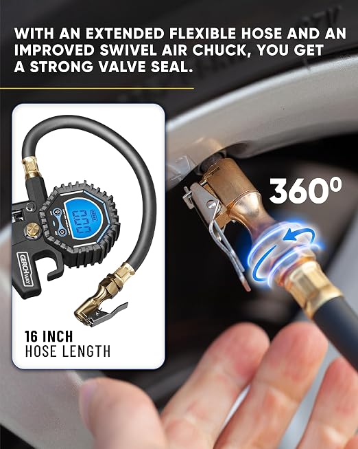 GERCHWAY Digital Tire Pressure Gauge with Inflator (3-200 PSI), Heavy Duty Air Chuck and Compressor Accessories with Swivel Air Chuck, Longer Hose, Large Display (0.1 Res)