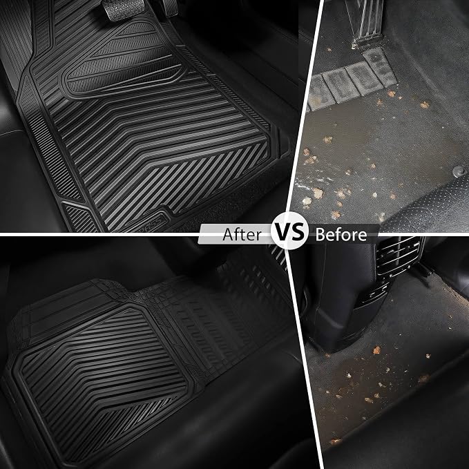 CAR PASS Rubber Car Mats, Waterproof Car Floor Mats All Weather,Car Mat Full Set 3 Piece, Automotive Floor Mat Trim to Fit for Cars Sedans SUVs Trucks, Anti-Slip Easy Clean, All Black