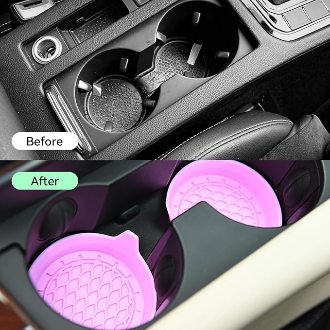 4PCS Car Cup Holder Coasters, Silicone Non-Slip Vehicle Cup Recessed Mats, Sift-Proof Automotive Interior Drink Insert Decor Accessories, Universal for SUV, Sedan, Truck (Pink)