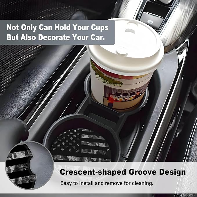 2 Pack Car Coasters for Cup Holders, 2.56" Universal Absorbent Ceramic Stone Car Cup Holder Coasters with Non-Slip Cork Base, Car Accessories for Women Men(Black Camouflage American Flag)