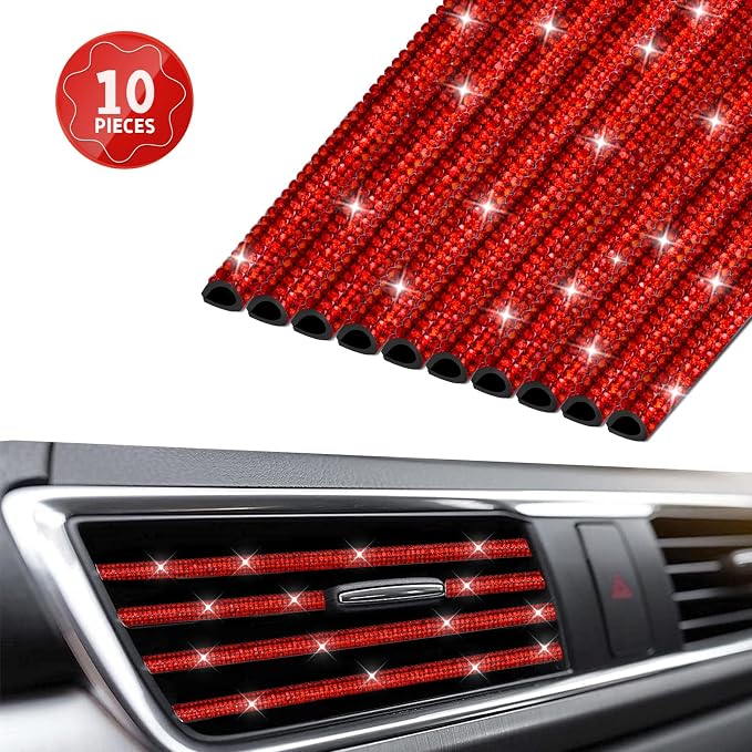 INSAUTO Bling Car Accessories for Women, Bling Car Vent Outlet Trim,10pcs Diamond Car Air Conditioner Decoration Strips(Red)