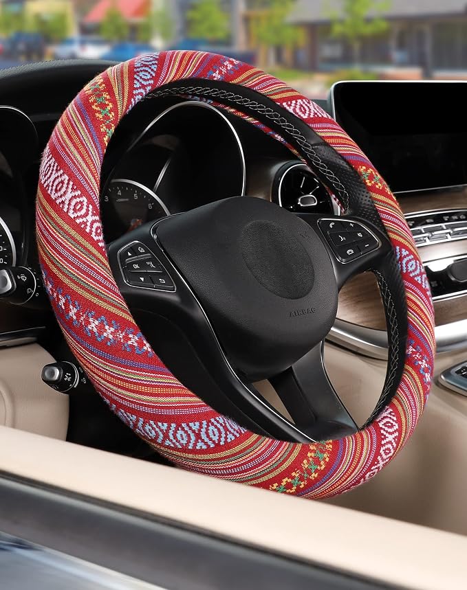 SEG Direct Boho Steering Wheel Cover, Baja Blanket Cloth, Coarse Flax | Bohemian Car Decor, Ethnic Style, Coarse Flax, Fabric Cover Fits 14 1/2-15 1/4 inches Standard Medium Size, for Women Men