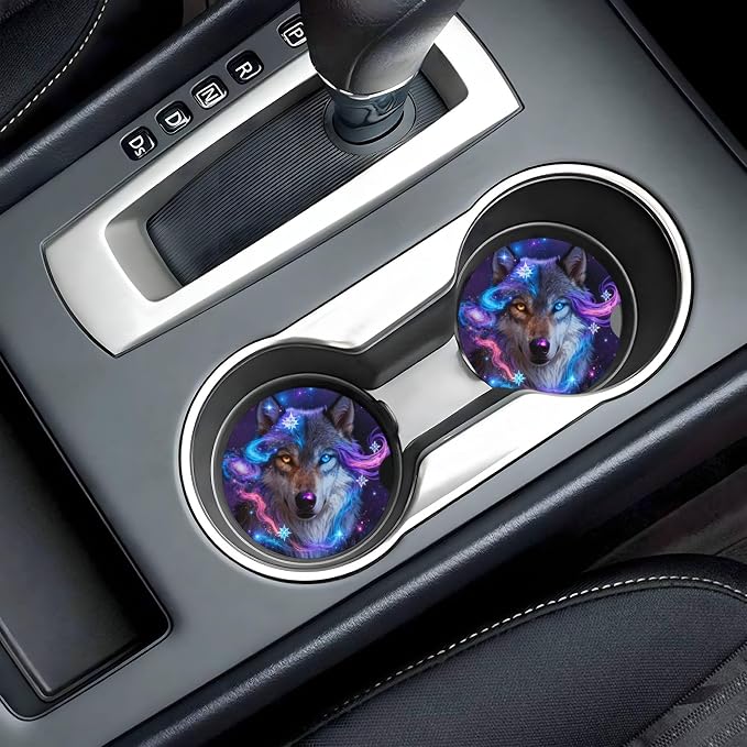 Galaxy Wolf Car Cup Holder Coasters 2 Pack 2.63" for Women | Universal Anti Slip Ceramic Absorbent Coaster with Cork Base and Finger Notch Cute Car Accessories Interior