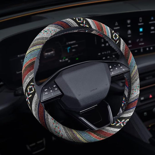 Boho Steering Wheel Cover, Steering Wheel Cover Women, 15 inch Hippie Style Protector Covers, Universal Ethnic Flax Cloth Car Accessories Universal for SUV Van Truck (Hippie-D)
