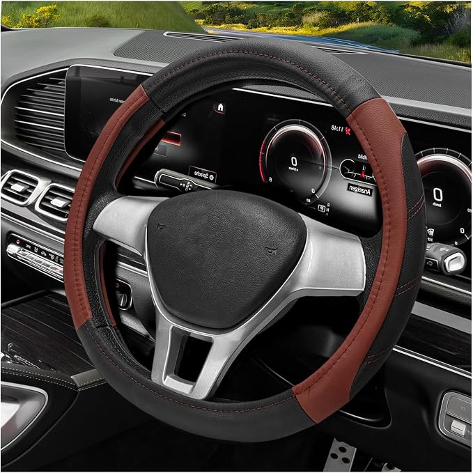 Sport Leather Steering Wheel Cover, 14.5-15 Inch Breathable Auto Steering Wheel Protector with Anti-Slip Lining, Soft Comfortable Leather Wheel Protector for Cars Trucks SUVs (Black & Brown)