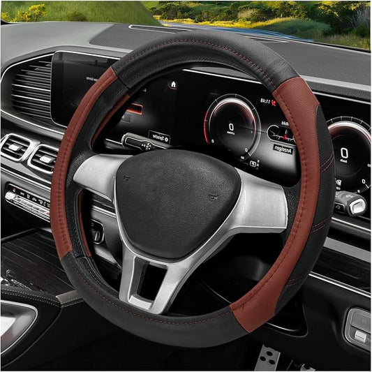 Sport Leather Steering Wheel Cover, 14.5-15 Inch Breathable Auto Steering Wheel Protector with Anti-Slip Lining, Soft Comfortable Leather Wheel Protector for Cars Trucks SUVs (Black & Brown)