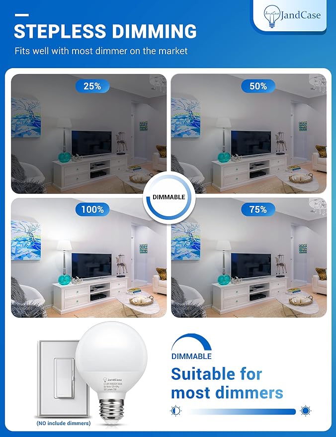 JandCase G25 LED Vanity Light Bulbs,5W Dimmable Globe,60W Equivalent,5000K | E26 Base CRI 80, 500LM Daylight White, UL Listed, Round Light Bulbs for Bathroom Makeup Mirror Dressing Room Bedroom,12 Pack